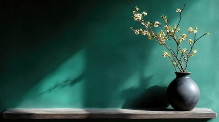 Elegant vase of spring blossoms against a teal backdrop