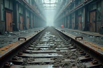Fototapeta premium Abandoned industrial railway in misty warehouse