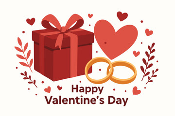 Romantic Valentine's Day Vector Illustration with Red Gift Box, Golden Wedding Rings, Hearts and Floral Elements - Love Celebration Design for Cards, Invitations, and Holiday Decorations