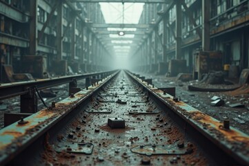 Obraz premium Abandoned industrial railway in foggy warehouse environment