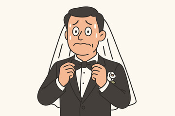 Nervous Groom Vector Illustration with Wedding Day Jitters, Anxious Cartoon Man in Black Tuxedo Adjusting Bow Tie with Sweat Drops, Humorous Marriage Ceremony Character with Worried Expression