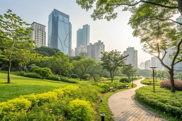 Fototapeta premium Scenic public park in city with vibrant green plants trees grass. Calm urban space with pathway, modern buildings. Landscape photo, relaxation, serenity, peaceful atmosphere, healthy eco lifestyle