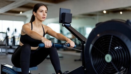 Fototapeta premium A Woman In Black Workout Clothing Uses A Rowing Machine In Gym