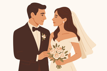Elegant Newlywed Couple Portrait: Romantic Vector Illustration of Bride and Groom on Wedding Day, Minimalist Flat Design for Invitations, Cards, and Bridal Shower Decorations