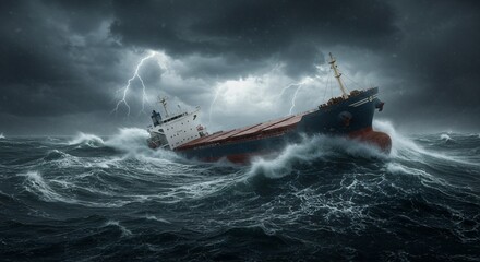 Cargo ship sails through raging ocean under stormy sky. Dramatic seascape showcasing power of nature, dangerous journey, suitable for transportation ads, weather forecast.