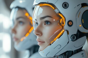 Futuristic astronauts in advanced suits preparing for a space mission in a high-tech environment