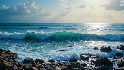 Ocean Wave Crashing on Rocky Shoreline with Bright Sunlight and Clouds