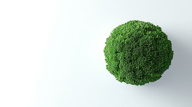 Overhead view of a round broccoli head against a white background. Possible use for food publications, cookbooks, or healthy eating guides
