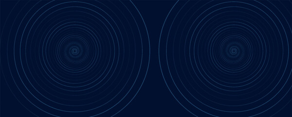 Futuristic abstract dark blue horizontal banner background. Glowing blue circle lines design. Swirl circular lines element. Future technology concept. Space for your text. modern.