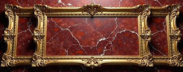 Elaborate golden frame adorned with ornate patterns and filigree resting on a luxurious marble background, golden frame, gold, marble