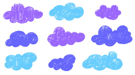 Crayon cloud texture with purple sky. Crayon kid scribble naive design. Purple and blue cloud with chalk texture. Vector illustration