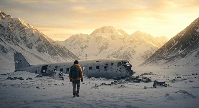 Man exploring an old plane wreckage in a snowy mountain landscape during sunset, symbolizing exploration, adventure, winter travel for outdoor concept usage