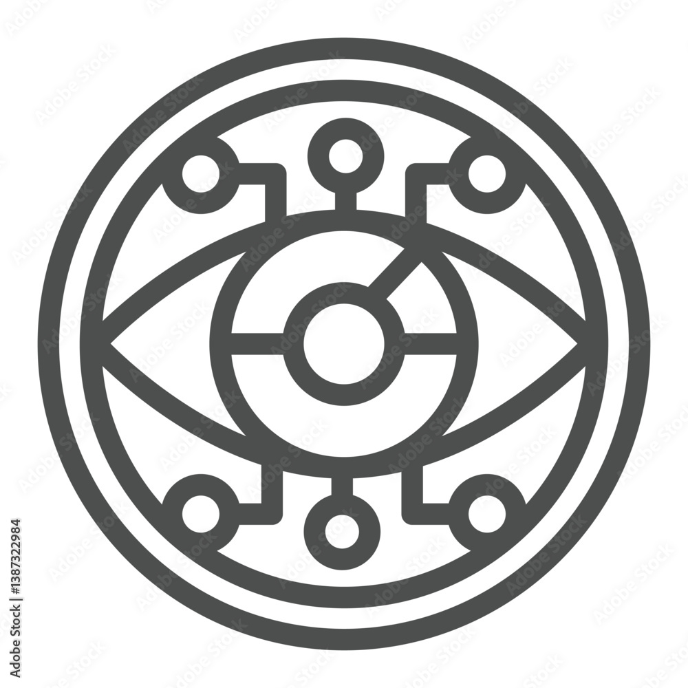 Poster eye with connections in circle line icon, token concept. vector graphics. visual recognition program