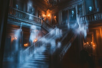 Eerie apparition descends the staircase of an old mansion shrouded in mist
