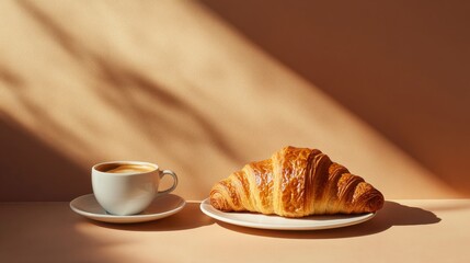 A freshly baked croissant with a cup of espresso. Featuring warmth and indulgence