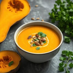 Butternut squash and coconut milk soup topped with toasted pumpkin seeds and fresh cilantro leaves, milk, cilantro, squash
