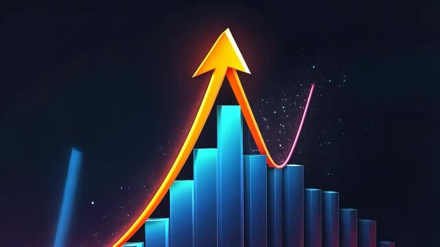 Animated business chart depicting progress and regression with upward arrow indication