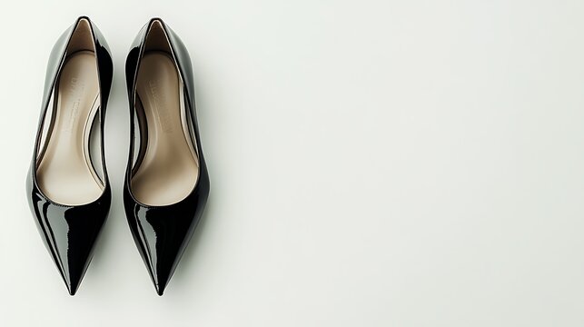 Pair of black patent leather high heels on white background
