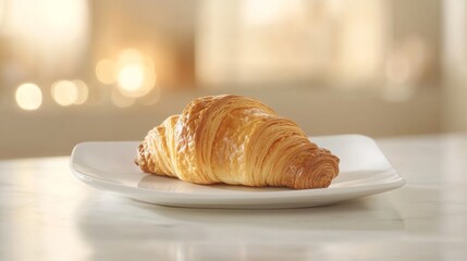 A freshly baked croissant with golden, flaky layers, resting on a white ceramic plate. Featuring buttery texture and crisp edges