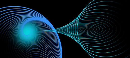 Futuristic digital sound wave visualization with glowing blue and green swirling lines on a black background, perfect for tech backgrounds or audio-themed designs.