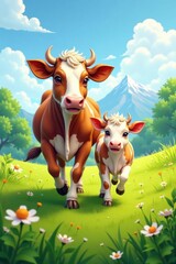 Vector cow and calf pair running freely in a green meadow with wildflowers , vector illustration, rural scene, farm animals