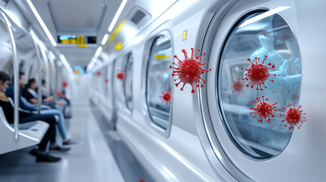 image depicts modern subway train interior with passengers seated. windows show digital representations of virus particles, symbolizing health concerns in public transport