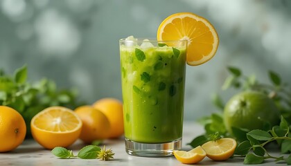 Fototapeta premium Refreshing Green Smoothie with Lemon and Mint Ready to Drink