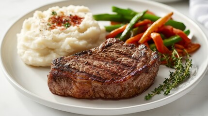 A freshly grilled steak with mashed potatoes and vegetables. Featuring indulgence and quality