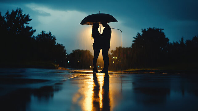 Silhouette of a couple sharing an umbrella in the rain
