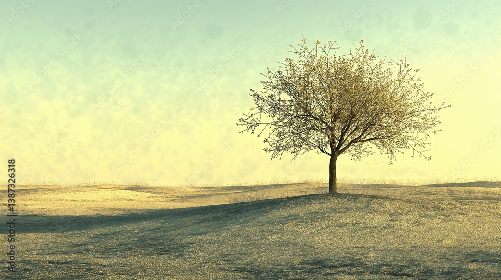 Poster a single tree standing in an endless desert, subtle sand textures.
