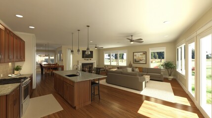 Spacious open-concept living and kitchen area with abundant natural light