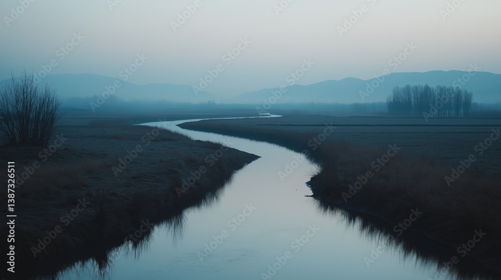 Poster a small river winding through an open plain, delicate and soft