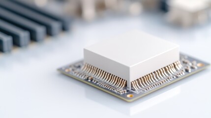 A close-up of a microchip with intricate circuitry on a clean white surface, showcasing modern technology and engineering precision, and studio shot.