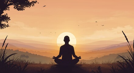 Fototapeta premium Silhouette Meditating Outdoors at Sunrise Serene Natural Scene for Wellness