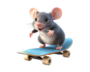 mouse riding skateboard, looking cool and rebellious, showcases playful spirit and adventurous attitude. This charming character captures essence of fun and excitement