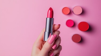 Obraz premium A flat lay of various colorful lipsticks arranged neatly on a marble background with soft natural lighting