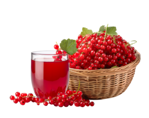 Berry Basket and Glass: A refreshing image showcasing a vibrant red currant juice, accompanied by a full basket of fresh red currants. This photorealistic composition will make you desire to taste.
