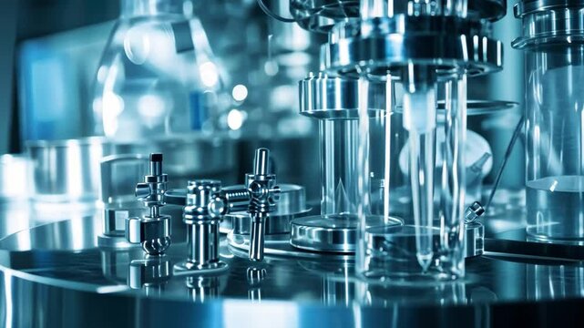 Laboratory apparatus detail: High-angle shot highlighting the precision and elegance of specialized laboratory apparatus, rendered with an aesthetic of clean lines and metallic refinement