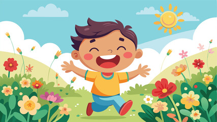 Happy child playing in a colorful flower field under a bright sky during a sunny day
