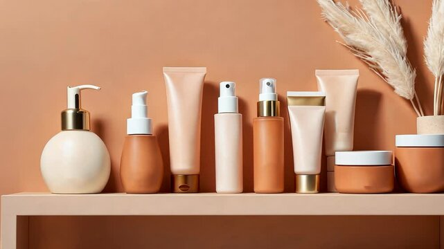 Elegant assortment of unlabeled cosmetic containers showcase a minimalist aesthetic and potential skincare products