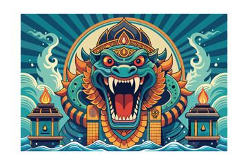 Obraz premium Mythical Azure Dragon Guardian, Ocean Deity, Indonesian Art