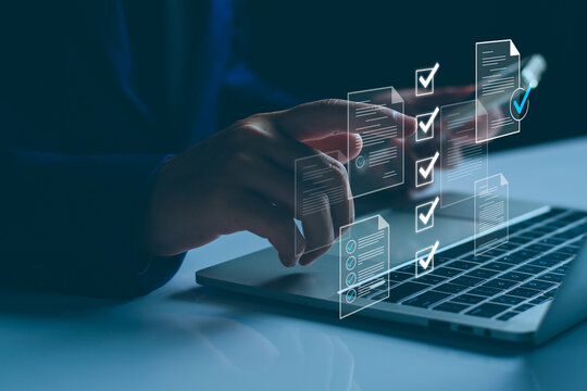 Checklist business performance monitoring concept, Businessman doing online survey filling out check digital form task, online survey question form, target marketing planning with quality control