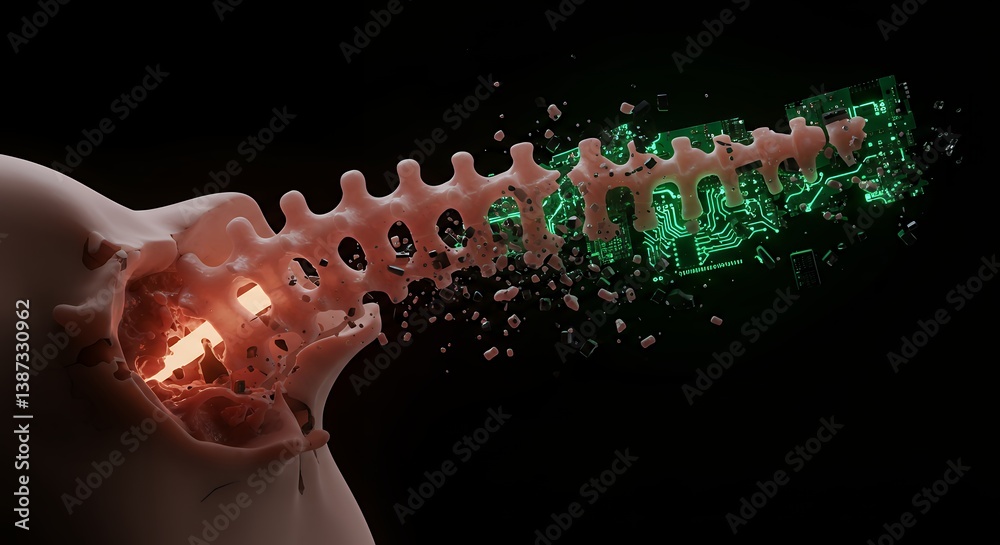 Poster spine transforming into circuit board with digital fracture and futuristic glow representing technol