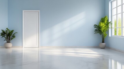 A minimalist room features a white door centered on a pale blue wall. Two potted plants flank the door, adding a touch of greenery. The bright, high-resolution image uses natural sunlight for illumi