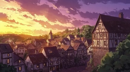 Village Landscape Art with Old Architecture Under Dramatic Sunset Sky