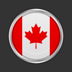 Canadian flag button icon. Circular button design featuring the Canadian flag, bordered by a metallic silver frame. Vector icon, EPS10
