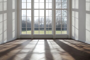 Fototapeta premium Bright Room Interior with White Walls, Large Windows, and Herringbone Wood Flooring