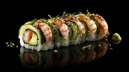 A gourmet sushi roll with avocado, cucumber, and shrimp. Featuring freshness and elegance