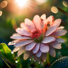 Fototapeta premium Dew-Kissed Lotus: Soft Pink Petals, Sunlit Bokeh, Serene Bloom.