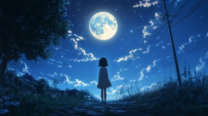 Obraz premium Girl Looking at the Moon in Dark Night Sky with Stars